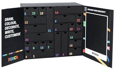 POSCA - Adventskalender 2025 mit 24 Produkten Schreibwaren, Schulschreibwaren, kreative Bastelarbeiten - Geschenkideen mit Schulsachen, Filzstiften und feiner Spitze, Wachsmalstifte, Bleistifte und
