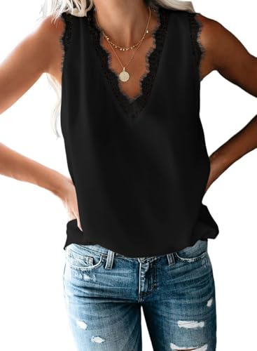 Dokotoo Womens Vests Tops V Neck Sleeveless Tank Top for Women Summer Ladies Camisole T-Shirts Fashion Women's Camisoles Lace Trim Chiffon Blouses Shirts Vest Black UK M 10-12