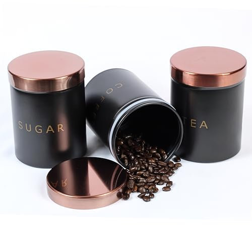 RLS Black Set of 3 Tea, Coffee, Sugar canisters Storage Container Set for Kitchen Accessories & Essentials | 1.1L Black & Copper