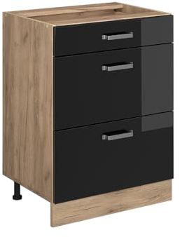 Vicco Küchenunterschrank R-Line, Schwarz Hochglanz, 60 cm | 3 Schubladen · Ohne Arbeitsplatte · Höhenverstellbare Füße · ✓ Leichter Zugriff · ✓ Frei kombinierbar
