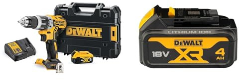 DEWALT DCD796P1-GB XR Brushless Compact Lithium-Ion Combi Drill, 18 V, Yellow/Black, One Size & DCB182-XJ 18V XR Lithium-Ion Battery, Black/Yellow, 4.0Ah