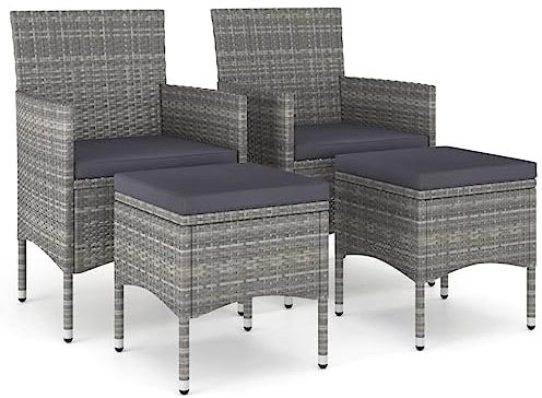 Gecheer 4-TLG. Gartensessel mit Fußhocker Geflechtsessel Gartenstuhl Stuhl Gartenmöbel Rattansessel Poly Rattan Grau