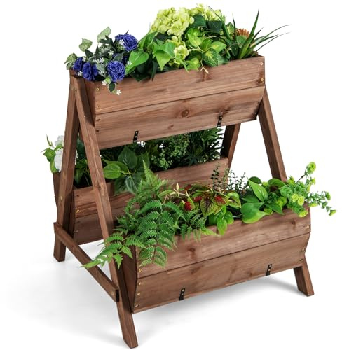 GOPLUS 2/3 Etagen Hochbeet, Blumenbeet aus Tannenholz, Blumentreppe mit 3 Blumentrögen & Ablauflöchern, Pflanzbeet für Garten Balkon Terrasse (66 x 73 x 73 cm)