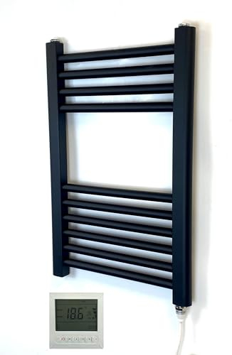 Greened House Radiatore elettrico piatto scaldasalviette nero con timer programmabile per 7 giorni (400 mm di larghezza x 600 mm di altezza + timer per 7 giorni/termostato)