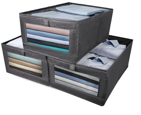 MEUVO Aufbewahrungsbox Stoff 3er Set - Faltbare Aufbewahrungsbox Zum Ordnen, Aufbewahrungsbox Kleiderschrank mit Sichtbarem Fenster Und Griff Für Kleidung, dunkelgrau, 40x27x17cm