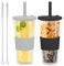 2 vasos de 710 ml con tapa y pajita, vasos de té de burbujas con pajita, vasos de plástico aislados de doble pared, vasos reutilizables para zumo de café, tazas para llevar (negro + gris)