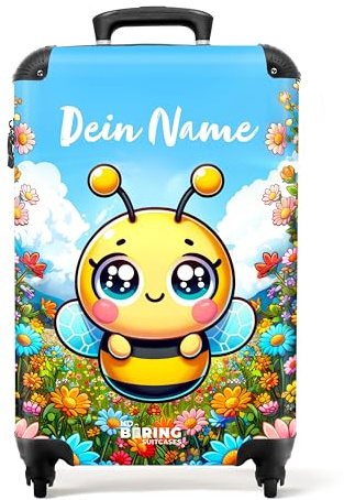 NoBoringSuitcases.com Kinderkoffer, Koffer Personalisiert, Koffer Kinder, Kinder Reisekoffer, Kindergepäck, Kindertrolley, Kinder Koffer mit Rollen, Suitcase, Handgepäck 55x40x20 cm (Biene - Gelb)
