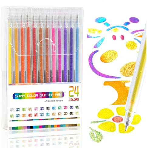 Elezeal Glitzer-Gelschreiber, verschiedene metallische Gelstifte mit 1,0 mm Spitze, farbiger, glänzender Stift für Kinder und Erwachsene, zum Malen, Kritzeln, Zeichnen, Schreiben, Notieren (24 Stück)