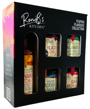 The Filipino Flavours Collection from RoniB's Kitchen 190ml x 4 + 150ml x 1 - Pack of 5 Vegan Banana Ketchup, Adobo Sauce, Garlic Chilli Oil, Black Bean Chilli Paste and Kalamansi Marmalade