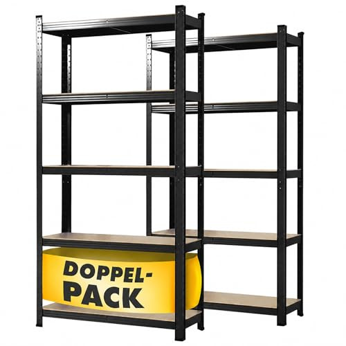 Floordirekt Schwerlastregal, 2er Set, schwarz 180 x 90 x 40 cm Steckregal, Kellerregal, Lagerregal, Werkstattregal, Werkbank - 5 verstellbare Böden (Lakota)