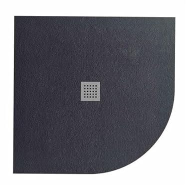Plato de ducha 90 x 90 cm semicircular Vulcano Line Slim negro de resina sintética y polvo de mármol con desagüe de regalo