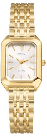 JewelryWe Damenuhr Kleine Rechteckige Uhren: Klassische Einfache Analog Quarz Armbanduhr Damen Gold Metallarmband Geschäft Lässige Uhr mit Eckigem Balkenskala Zifferblatt