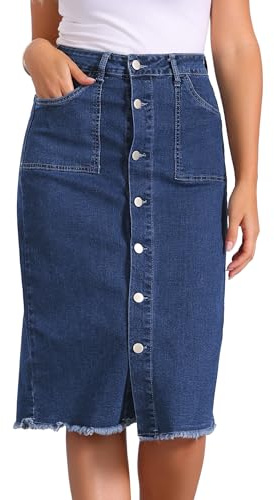 Allegra K Gonna di Jeans Donna con Vita Alta Bottoni Gonna di Denim Midi Gonne Estivo Blu Scuro XS