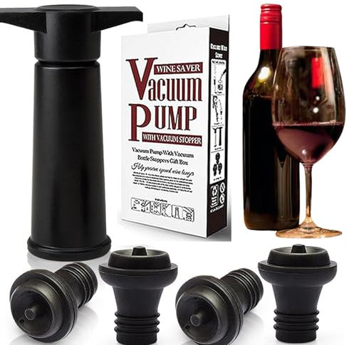 Wenyue Pompe à vide vin avec 4 bouchons,Bouchon pour Pompe Vide Air,Accessoires vin,bouchon bouteille vin,réutilisable pour garder le vin frais,Conservation du Vin jusqu'à 7 Jours