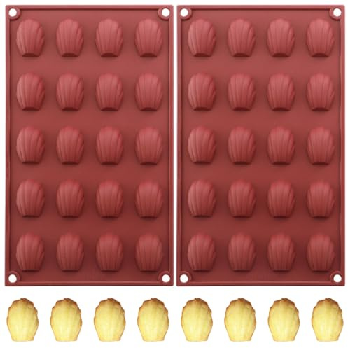 Lot de 2 moules à madeleines en silicone - 20 cavités par moule - Pour confiseries françaises, chocolat, terre cuite - Rouge