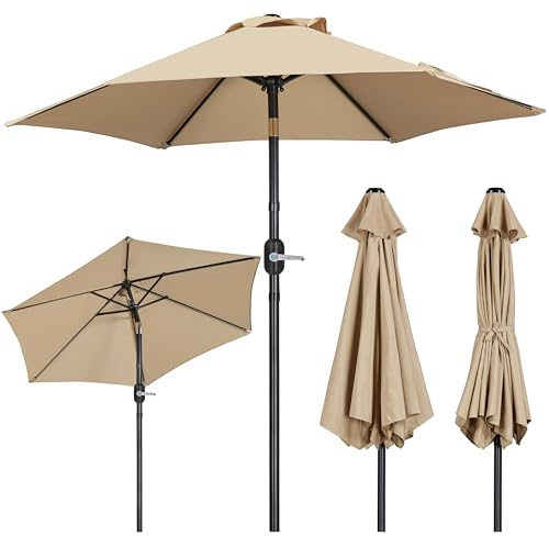 Yaheetech 2.3M Tilting Parasol Umbrella Outdoor Sun Shade with Crank Handle & Metal Ribs for Patio, Garden, Balcony, Pool and Beach - Tan