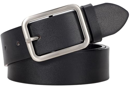 LEACOOLKEY Cintura Da Donna in Pelle Nera Con Classica Fibbia Quadrata, Cintura Da Donna per Pantaloni Jeans, Larghezza 3,3 cm,B-Nero(fibbia argento),100cm(Misura vita 66cm-76cm)