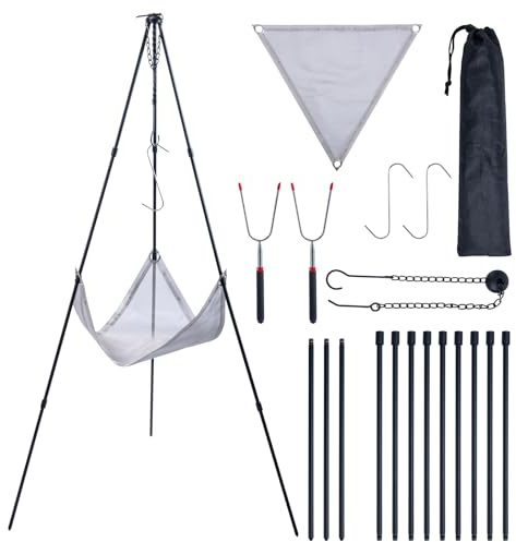 CHANGEMOORE Campfire Tripod BBQ with 1Pc Mesh Panel, Adjustable 54–108cm Height, Foldable Aluminum Cooking Tripod with Storage Bag for BBQ, Garden, Camping, Picnic and Outdoor Use