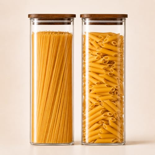 QuaLife 2-pack Förvaringsburkar (2200 ml) med trälucka – Lufttäta behållare i borosilikatglas – Stapelbara glasburkar för spaghetti och müsli – Fyrkantig förvaring