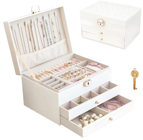 3 Ebenen Schmuckkästchen Schmuckkasten Groß PU Schmuckschatulle Weiß Schmuckbox mit Schlüssel und Schubladen Schmuckaufbewahrung Organizers für Ohrringe, Armbänder, Ringe
