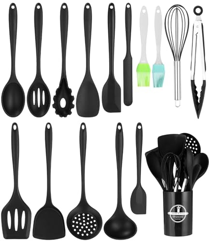 Set di utensili da cucina (nero), 15 pezzi di utensili da cucina e pentole, set di mestoli in silicone, set di utensili da cucina antiaderente e resistente al calore con supporto per utensili