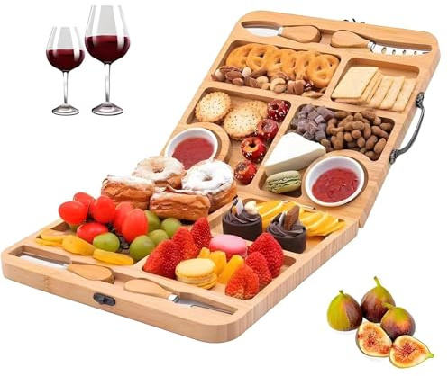 Homeily Bamboo Foldable Cheese Charcuterie Platter with Cutlery & Dip Dish | Made of natural bamboo, 12×24in. Great for parties, outings & presents. Built-in magnet holds tableware firmly, snacks neatly