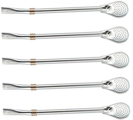 LIGIGWASH 5 Pezzi Cucchiai Cannuccia in Acciaio Filtro Doppia Faccia Cucchiaio Miscelatore e Filtrante per Tè e e Manico Ergonomico Uso Versatile per Bevande