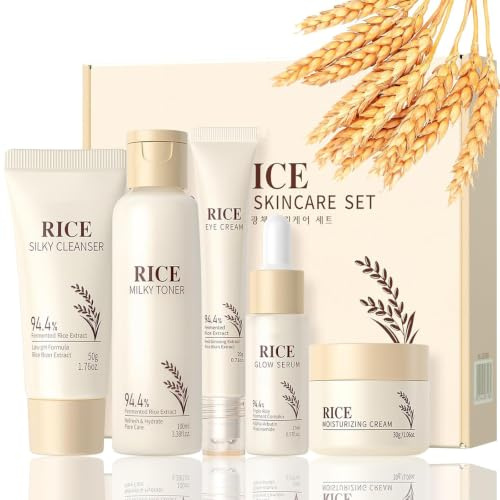 Korean Skincare Set, Rice Skin Care Sets & Kits-Rice Cleanser, Toner, Serum, Cream, Eye Cream, Glass Skin Care Present Set for Women, Radiant Glow, Even Tone