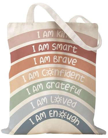 Canvas Tote Bag for Women Girls I am Kind Smart Rainbow Emotion Feelings Reusable Grocery Cloth Bags Positive Affirmations Prints Inspirational Quotes Cotton Tote Bags for Shopping Work Gym Travel