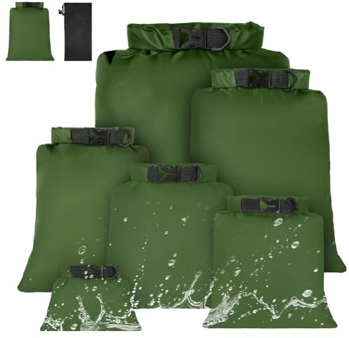 vsshe Waterproof Dry Bags 6PCS, Lightweight DryBags, Compression Sack Canoe Bag with1.5L, 2.5L, 3L 3.5L, 5L, 8L Sacks Bag for Kayaking Rafting Boating Hiking Camping Travel Backpacking Green
