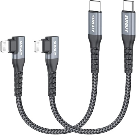 SUNGUY Cable iPhone USB C Coudé 90 Degrés 0.15M 2 pièces, Cable USB C vers Lightning Chargeur Rapide Power Tressé Compatible avec iPhone 14/13/12/11 Pro Max Mini X XS XR Plus SE