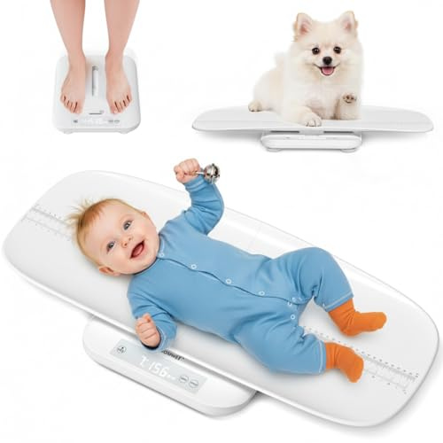 Nuscen Bilancia digitale per bambini e animali domestici, capacità 150 kg con vassoio staccabile da 60 cm e funzione di tenuta, per neonati, cuccioli, adulti e oggetti, 5 unità, pulsante touch