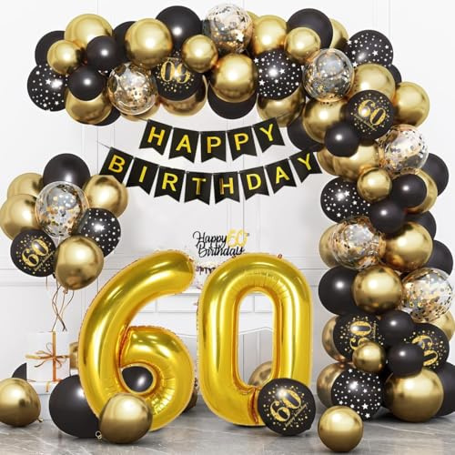 Luftballon 60. Geburtstag Schwarz Gold, Deko 60. Geburtstag, Luftballon 60, Bogen Luftballons Schwarz Gold, Geburtstagsdeko für 60 Jahre Mann Frauen