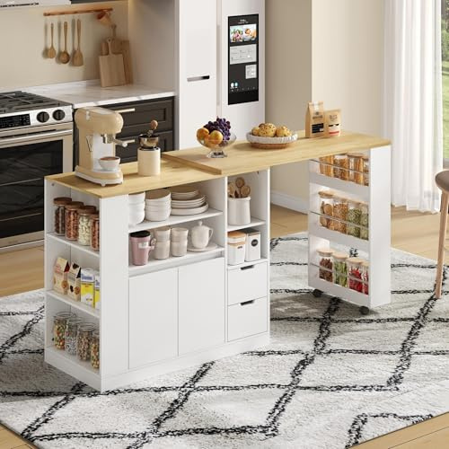 SUKY Isola cucina con piano di lavoro allungabile, lunga con ripiani a tre lati e due cassetti, caffettiera, tavolo da pranzo allungabile in legno, 115 x 50 x 92 cm (bianco+naturale)