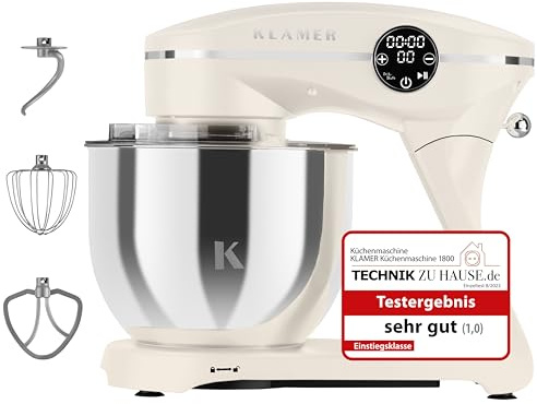 KLAMER Küchenmaschine 1800W, Knetmaschine Brotteig mit 6L Edelstahlschüssel | 10 Geschwindigkeiten und Timer, Planetenrührwerk, Knethaken, Flachrührer und Schneebesen, transparenter Sichtdeckel