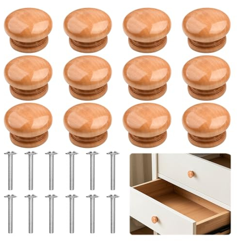Lilyphon Wooden Drawer Knobs 12pcs Round Wooden Door Knobs with Screws 4 X 3cm/1.57 X 1.18 Inches, Drawer Knob for Kitchen Cupboards, Chest of Drawers and Wardrobe Doors