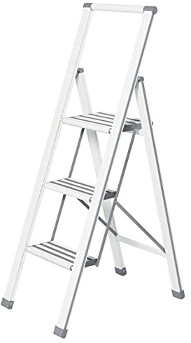 WENKO Aluminiumdesign hopfällbar trappstege 3-stegs hushållsstege, belagd, vit/grå, 5,5 x 44 x 127 cm
