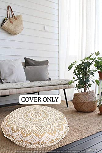 Ganesham Rundes Dekokissen im indischen Boho-Stil, Mandala, Tapisserie, Hippie, Rund, Sitzhocker, Ottoman, Mandala-Bodenkissen, 81 x 81 cm 80 cm weißgold