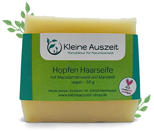 Kleine Auszeit Manufaktur Hopfen Haarseife – bei glanzlosem, spröden Haar und trockener, sensibler Kopfhaut, vegan, ohne Palmöl, ohne Plastik, handgemacht, 90 g