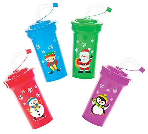 Baker Ross AV808 Christmas Bendy Straw Cups - Pack Of 4, Ideal For Party Bag Fillers, Kids' Prizes, Gifts