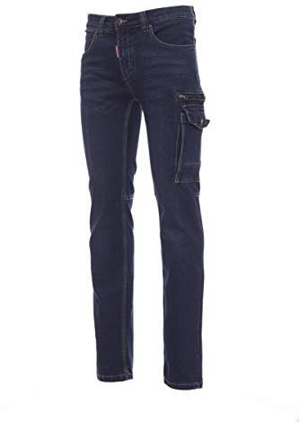 PAYPER West Pantalone da Lavoro Uomo Taglio Jeans Misto Denim Tasche Laterali Chiusura con Zip Porta Metro Smartphone Effetto Consumato delavè Taglie Forti Blu (56/58)