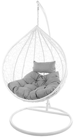 KIDEO Komplettset: großer Hängesessel mit Gestell & Kissen, Korbsessel, Poly-Rattan (Korb & Gestell: weiß, Kissen: grau Chester-Stepp (8008_Cloud))