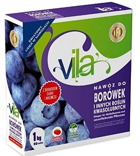 VILA Heidelbeerdünger – Beeren Dünger für säureliebende Pflanzen wie Rhododendron & Hortensien – Saurer Boden NPK Dünger für kräftige Ernte & mehr Fruchtgeschmack, 1 kg Karton