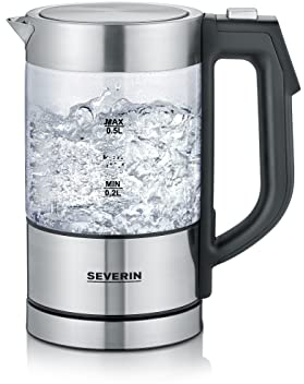 SEVERIN Digitaler Mini Glas Wasserkocher, kompakter Wasserkocher mit Temperaturauswahl, elektrisch, mit Kalkfilter, Edelstahl-gebürstet, Glas, schwarz, WK 3458