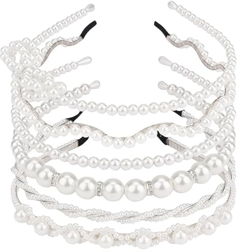 AMCAMI White Pearl Rhinestones Sparkly Beaded Hair Accessories: 6 PCS Headbands, Hair Hoops for Women, Girls - diademas para mujer de moda