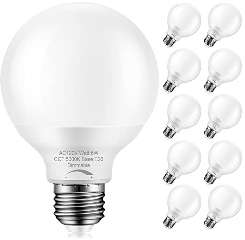 Marxlait 10-Pack Dimmable Bathroom Vanity Light Bulbs, 6W=40W, Daylight | 5000K, E26 Base, G25 LED Globe Light Bulbs for Bathroom Vanity, Makeup Mirror or Sputnik Light, 120V, Round Light Bulbs