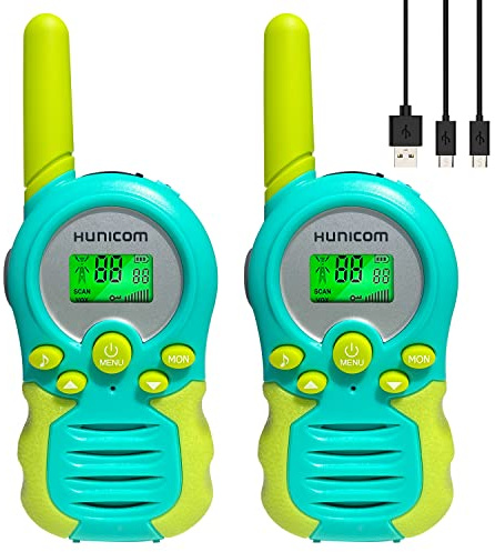 Talkie-walkie rechargeable pour enfants – Jouets électroniques pour garçons et filles, cadeaux d'anniversaire, radio bidirectionnelle avec lampe de poche, écran LCD VOX (rechargeable cyan)