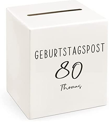 Personalisierte Kartenbox 80. Geburtstag – GEBURTSTAGSPOST 80 Geschenkbox für Geldgeschenke & Gutscheine – Creme & Schwarz mit Name – Briefbox Kuvertbox Geburtstag 24x24x24 cm (schwarz, 80)