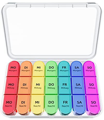 Tablettenbox 7 Tage 3 Fächer, Tablettenbox 7 Tage Morgens Mittags Abends, Deutsch Pillendose 7 Tage für Eine Woche Pillendose, 21 Fächer Medikamentenbox (Weiße Gehäuse)