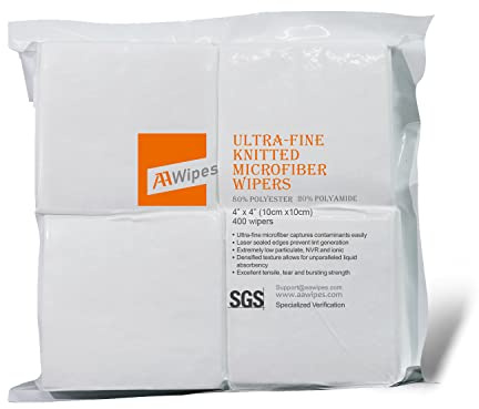 AAwipes Cleanroom Microfiber Wipes 4x4 Knitted Superfine (400 Counts/Bag, 180gsm, Polyester-Polyamide, #MF18004) High-End Lint Free Cloths for Fiber Optics, Laser Sealed Edge, Class 100 Cloths